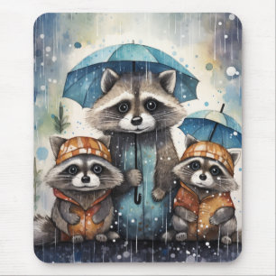 Tapis De Souris Raton laveurs mignons sous la pluie