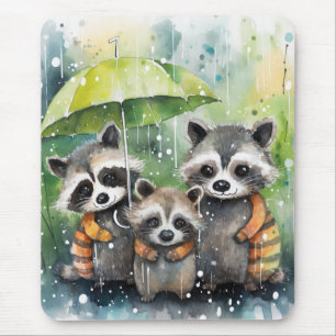 Tapis De Souris Raton laveurs mignons sous la pluie