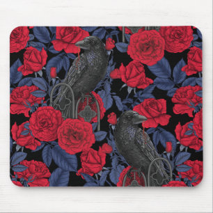 Tapis De Souris Ravages et roses avec des feuilles bleu foncé