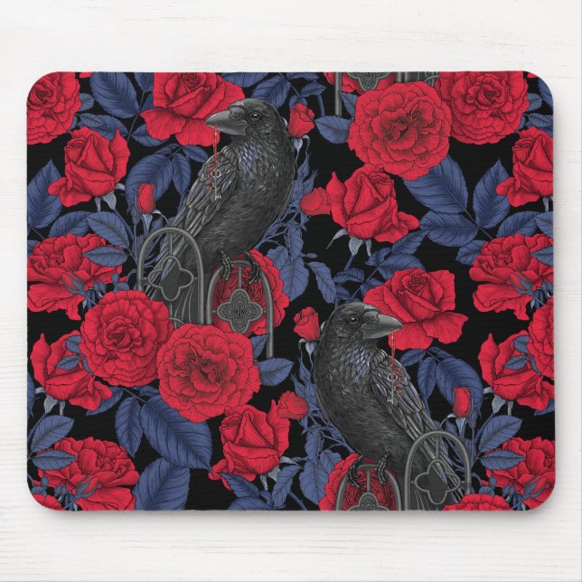 Tapis De Souris Ravages et roses avec des feuilles bleu foncé (Devant)