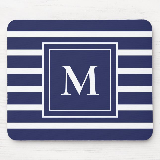 Tapis De Souris Rayure Bleue Marine Monogramme Moderne Côte de Pla (Devant)