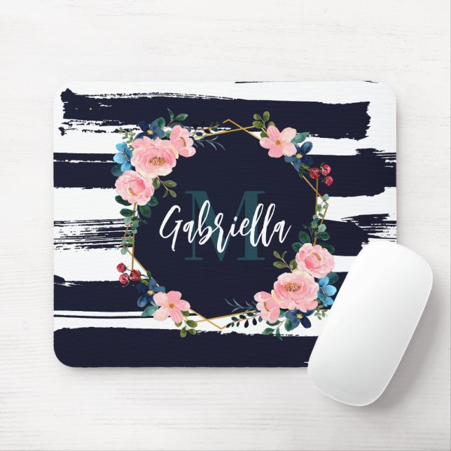 Tapis De Souris Rayures Et Monogramme De Cadre Floral (Avec souris)