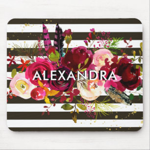 Tapis De Souris Rayures   noires et blanches florales de Boho