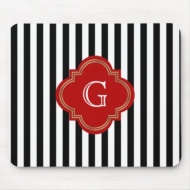 Tapis De Souris Rayures noires et blanches, monogramme d'étiquette (Devant)