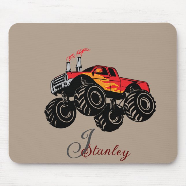 Tapis De Souris Red Black Boys' Rusty Name Monogram Monster Truck (Devant)