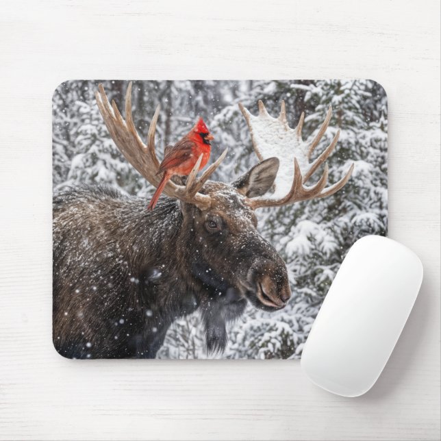 Tapis De Souris Red Cardinal On Snowy Moose Antlers (Avec souris)