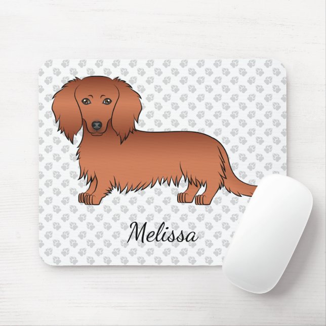 Tapis De Souris Red Long Cheveux Dachshund mignon Dessin et nom (Avec souris)