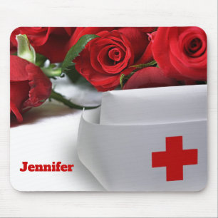 Tapis De Souris Red Roses and Nurse Casquette Nom personnalisé Cad