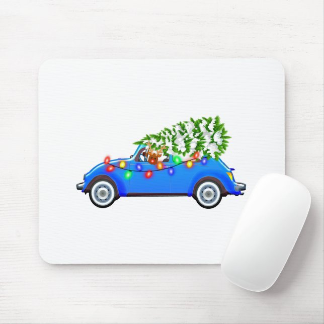 Tapis De Souris Reindeer driving a beetle with christmas treeb (Avec souris)