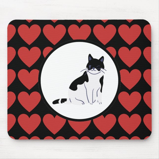 Tapis De Souris Reine des coeurs rouges chat noir blanc (Devant)