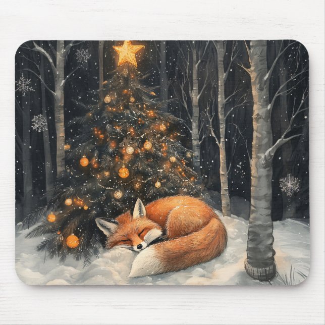 Tapis De Souris Renard couché Whimsical Noël rustique (Devant)