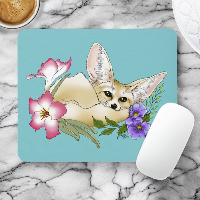 Tapis De Souris Renard Fennec Fleurs Rose Violet Mignon Bleu Botan (Créateur téléchargé)