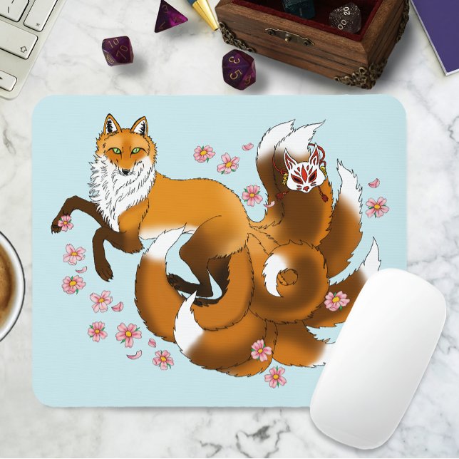 Tapis De Souris Renard Kitsune Fantaisiste Fleurs de Cerisier Bleu (Créateur téléchargé)