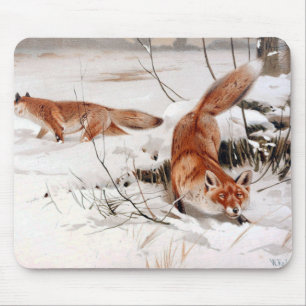 Tapis De Souris Renards roux dans la neige hivernale (par Wilhelm