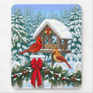 Tapis De Souris Repas de Noël des cardinaux bleu