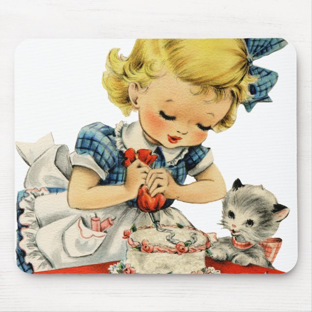 Tapis De Souris Rétro Anniversaire Fille Cake Cat Artwork (Devant)