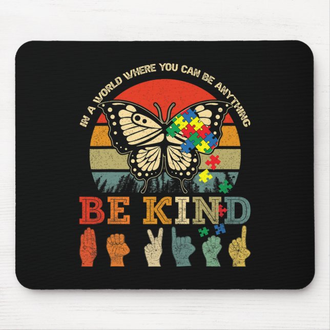 Tapis De Souris Retro Be Kind Puzzle Papillon ASL Enseignant Autis (Devant)