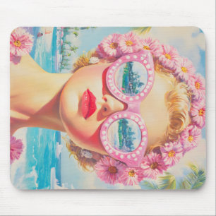 Tapis De Souris Retro Beach Girl avec lunettes de soleil florales