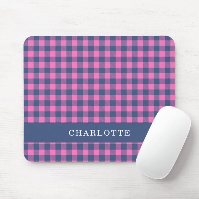Tapis De Souris Retro Buffalo Plaid Pink Blue Nom personnalisé (Avec souris)