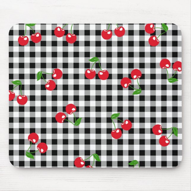 Tapis De Souris Retro Cherry En vichy mignonne Rouge et Noir À dam (Devant)