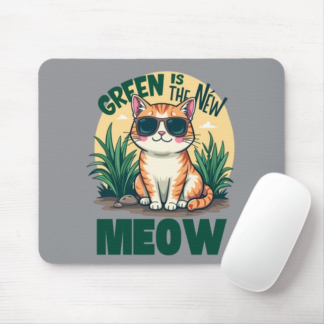 Tapis De Souris Rétro "Green is the New Meow" Cool Chat Nature Art (Avec souris)