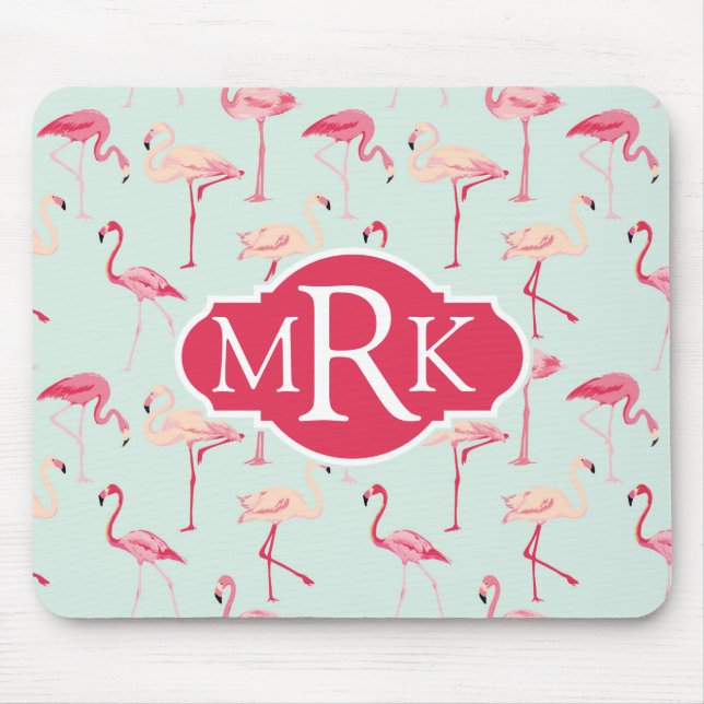 Tapis De Souris Rétro monogramme du motif | de Flamant rose (Devant)