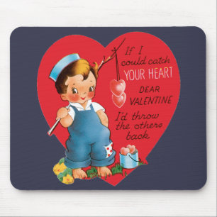 Tapis De Souris Retro Saint-Valentin, garçon pêcheur de cœurs vint