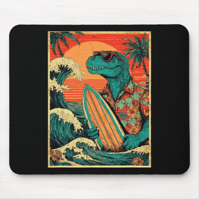 Tapis De Souris Retro Surfing Tyrannosaurus Hawaiian Summer Dinosa (Devant)