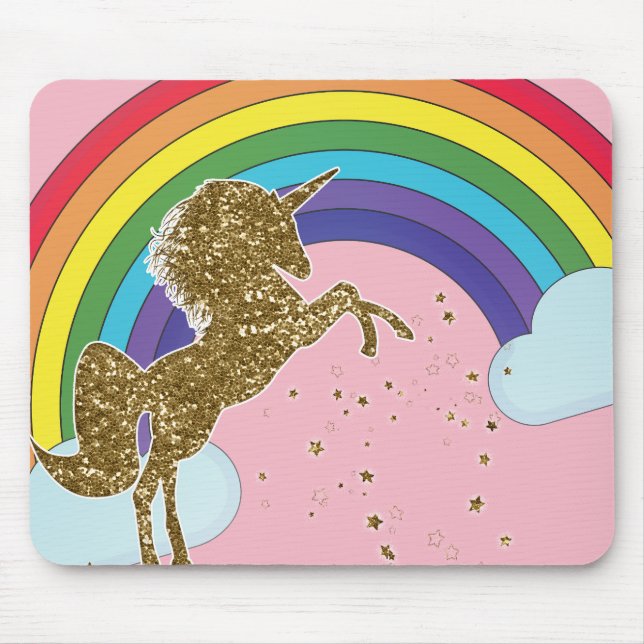 Tapis De Souris Retro Unicorn Rainbow & Gold Stars (Devant)