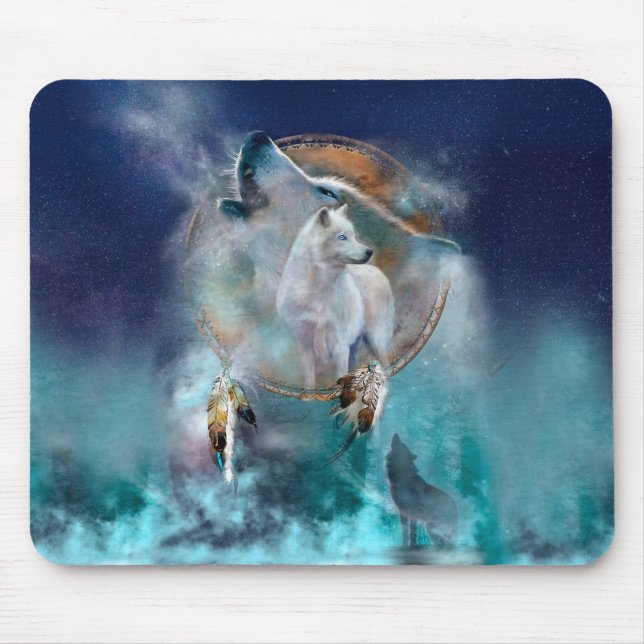 Tapis De Souris Rêveur indien et loup à tête ethnique (Devant)