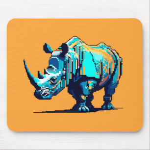 Tapis De Souris Rhinocéros Pixel Art Cyan Orange Rétro Joueur