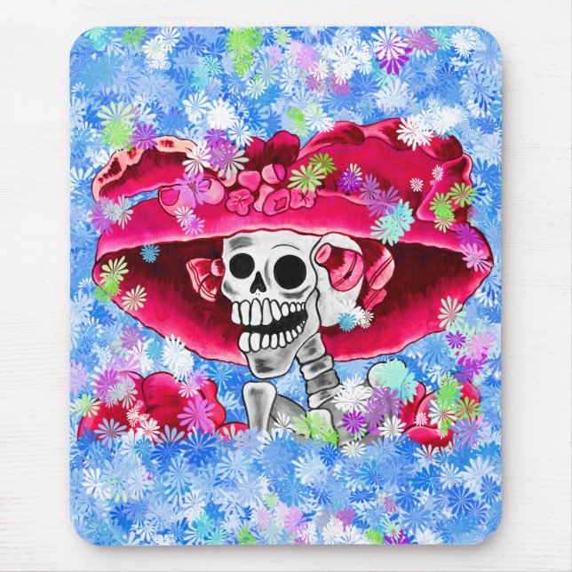 Tapis De Souris Rire Skeleton Woman dans Red Bonnet (Devant)