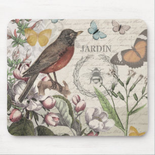 Tapis De Souris Robin Elegant Bird Butterfly French Art