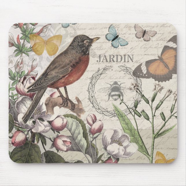 Tapis De Souris Robin Elegant Bird Butterfly French Art (Devant)