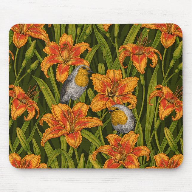 Tapis De Souris Robins et fleurs de lys, orange et vert foncé (Devant)