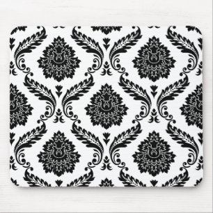 Tapis De Souris Rococo Damassé Grand Motif Noir sur Blanc