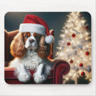 Tapis De Souris Roi Charles Spaniel de Noël sur une chaise rouge