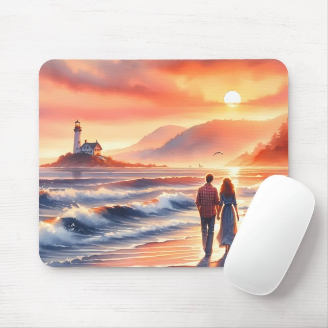 Tapis De Souris Romantic Coastal Sunset Lighthouse Walk (Avec souris)