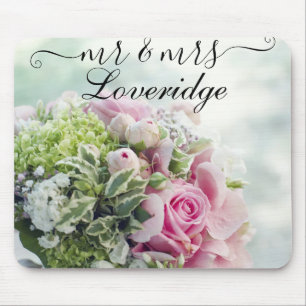 Tapis De Souris Romantique M. & Mme Fleurs de rose rose mariage
