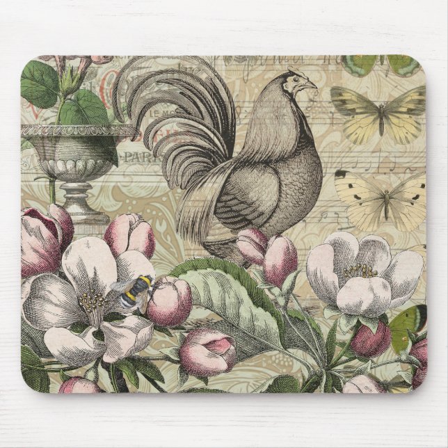 Tapis De Souris Rooster Garden Flower Papillon Art (Devant)