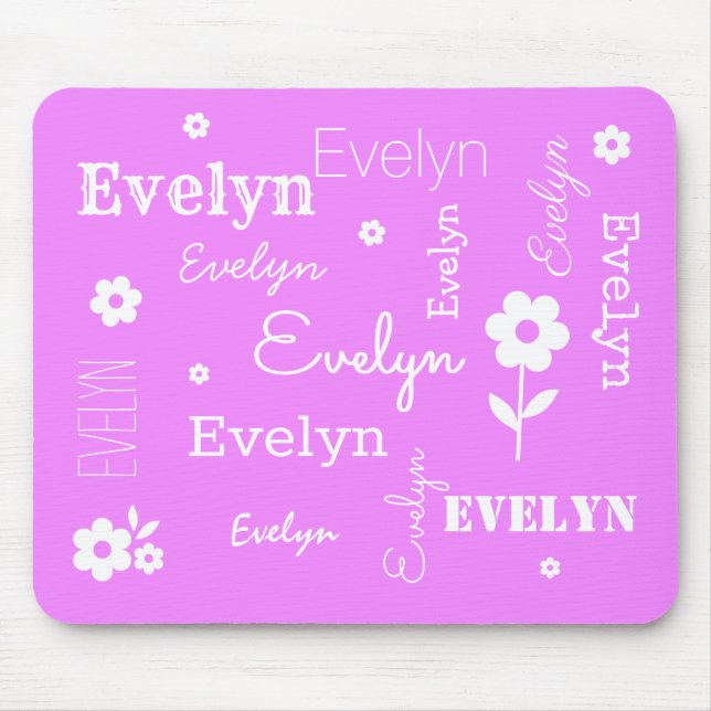 Tapis De Souris Rose chaud avec des fleurs blanches, Customisé Sou (Devant)