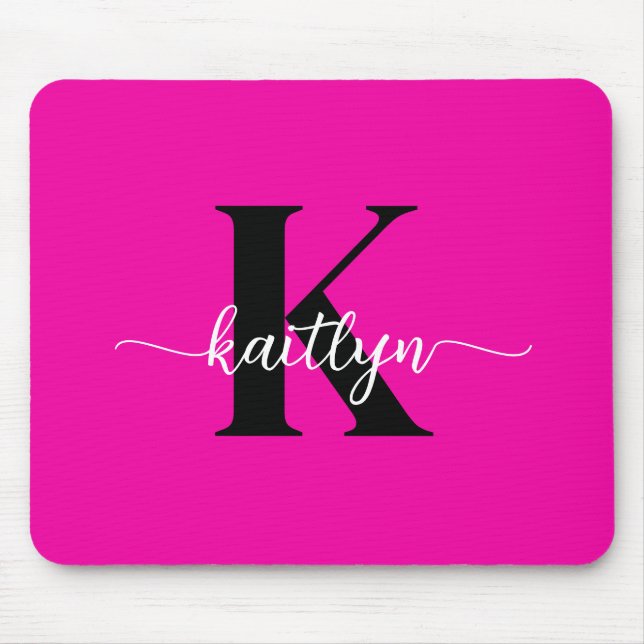 Tapis De Souris Rose Chaude Monogramme Noir (Devant)