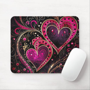 TAPIS DE SOURIS ROSE CHAUDE & NOIR VALENTINES ABSTRAITES COEURS DE