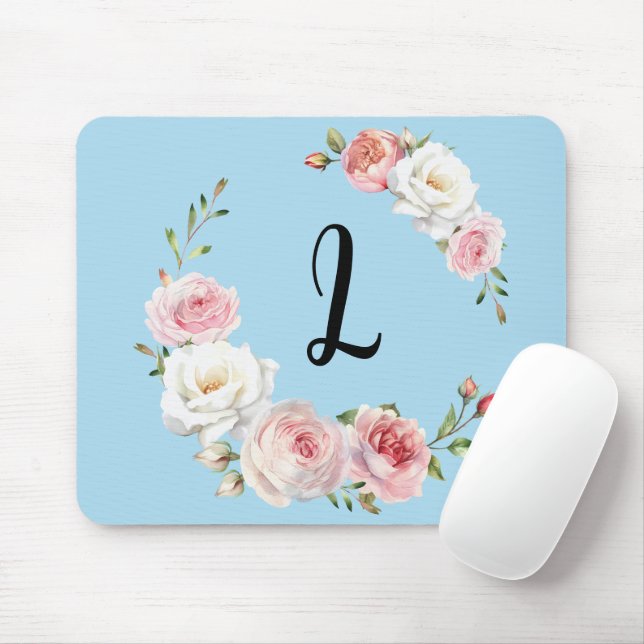 Tapis De Souris Rose Chic Roses Blanches Script initial Bébé Bleu (Avec souris)
