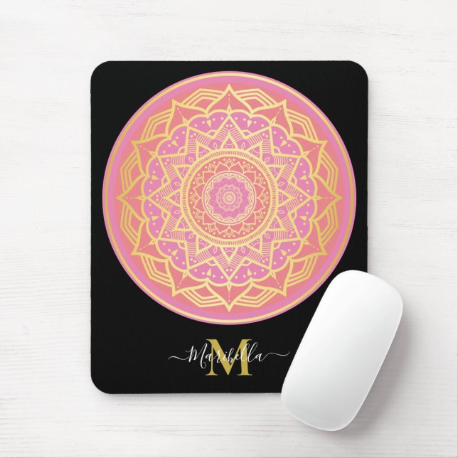 Tapis De Souris Rose clair, rose et or Boho Mandala  (Avec souris)