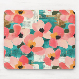 Tapis De Souris Rose Corail Floral Turquoise Vintage