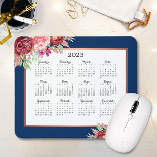 Tapis De Souris Rose de Bourgogne Floral Navy Blue 2023 Calendrier