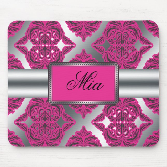 Tapis De Souris Rose fleuri de damassé, noir, argent (Devant)
