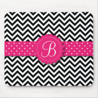 Tapis De Souris Rose Girly de monogramme blanc noir élégant de