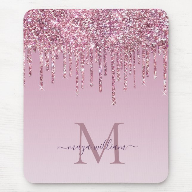 Tapis De Souris  Rose Glitter Drips Personalized Monogram And Name (Devant)